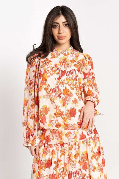 Nichii Floral Print Loose Blouse with Rolled Sleeves