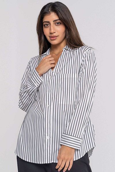 Nichii Women's Striped Long Sleeve Shirt with Chest Pocket