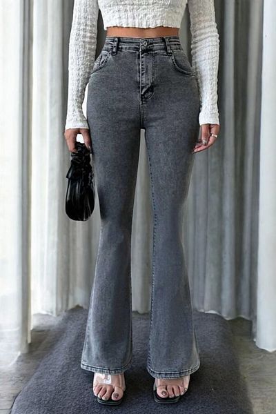 byhaziran butik Mara Smoked Non-Fading Lycra High Waist Denim Spanish Leg Jeans