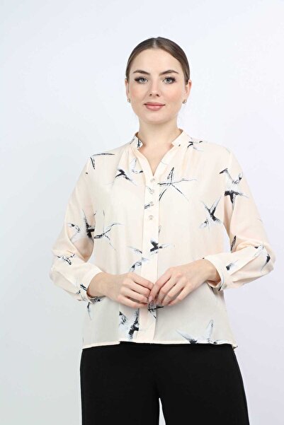 Nichii Women's Long Sleeve Decorative Shirt with Collar and Front Buttons