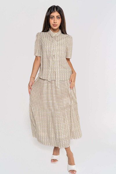 Nichii Short Sleeve Printed Blouse with Neck Tie