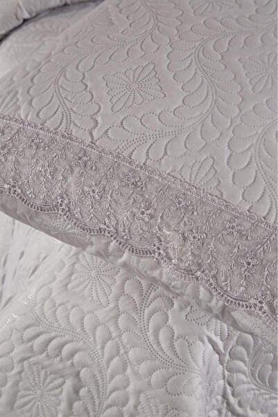 Çeyiz Diyarı Zoya Dantelli Kapitoneli Ultrasonik Çift Kişilik Yatak Örtüsü Gri