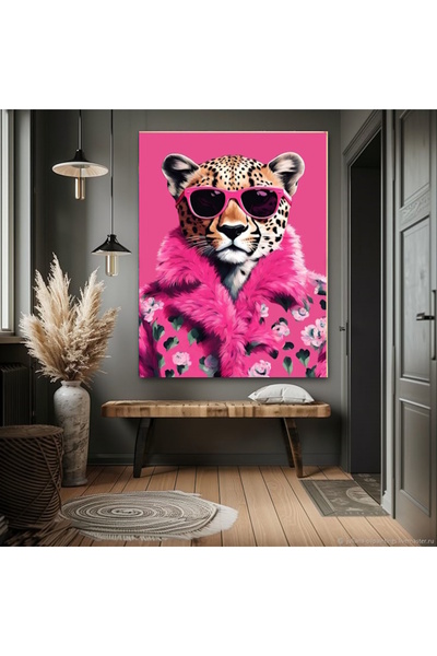 özkacar PEMBE KIYAFETLİ LEOPAR KANVAS TABLO EV DUVAR SALON OFİS DÜKKAN HEDİYE...