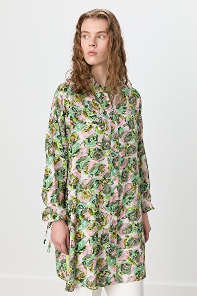 Nihan Kolları Bağlamalı Gömlek Yaka Desenli Empirme Tunik Yeşil