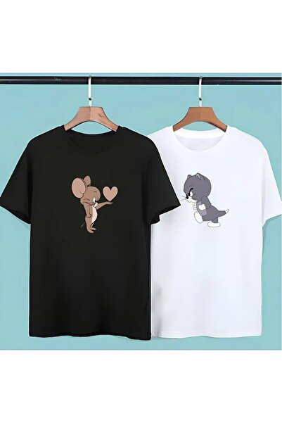 Harajuku Style Set negru de 2 tricouri Tom Jerry pentru cupluri, iubiți, prie...