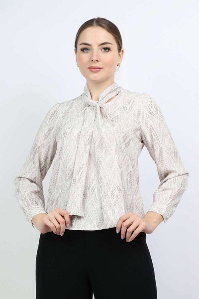 Nichii Women's Long Sleeve Printed Blouse with Neck Tie