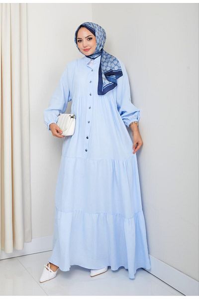 Hb Harma Time Butik Women's Buttoned Floor Detailed Blue Linen Dress