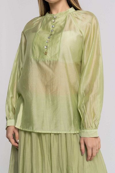 Nichii Women's Sheer Blouse with Buttoned Chest and Long Sleeves