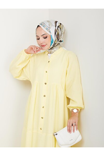 Hb Harma Time Butik Women's Buttoned Floor Detailed Yellow Linen Dress