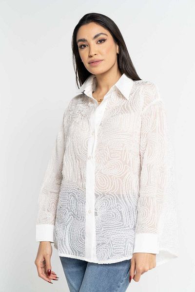 Nichii Women's Long Sleeve Sheer Embroidered Button-Up Shirt