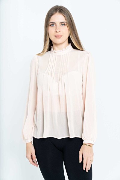 Nichii بلوزة سادة بأكمام طويلة مع كشكشة