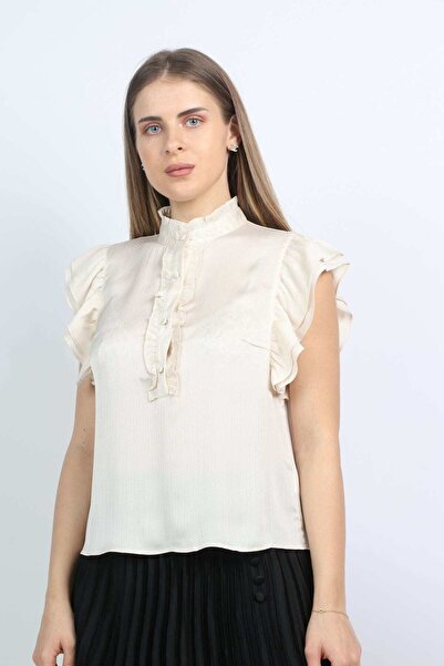 Nichii بلوزة نسائية برقبة عالية وأزرار أمامية