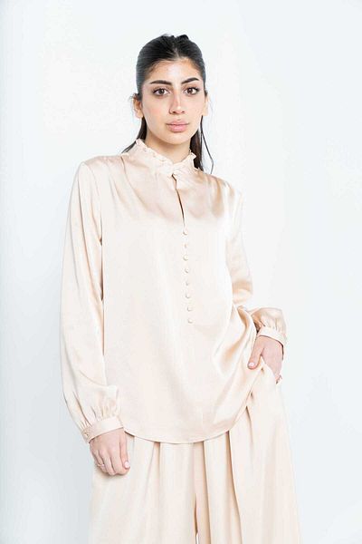 Nichii Women's Long Sleeve Solid Blouse with Wide Front Buttons
