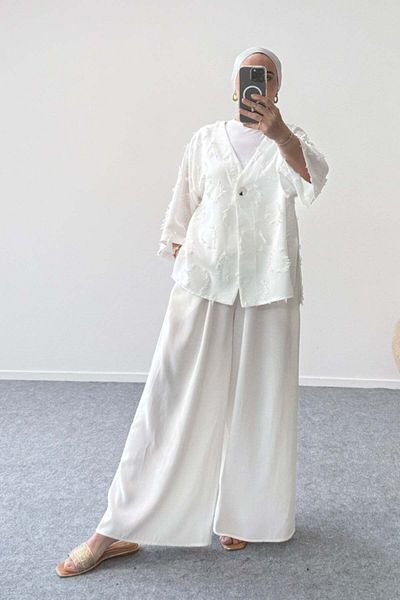 Hatun Atila Textured V-Neck Single Button Jacket 8877 - White