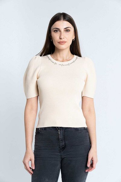 Nichii Women's Short Sleeve Pleated Top with Embroidered Collar