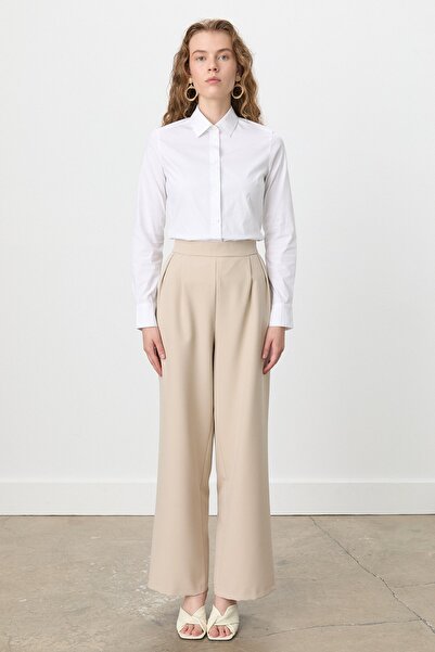 Nihan Arka Beli Lastikli Çift Pileli Palazzo Pantolon Bej
