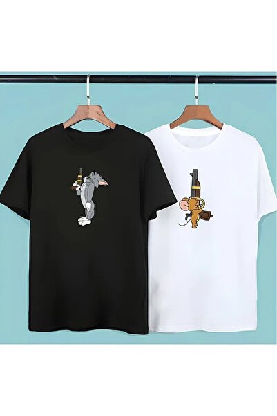 Harajuku Style Set negru de 2 tricouri Tom Jerry pentru cupluri, iubiți, prie...