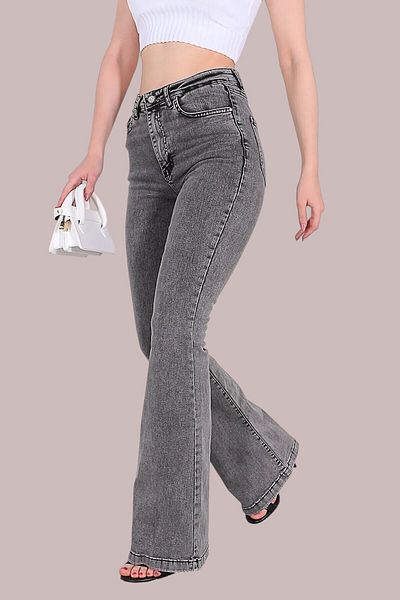 byhaziran butik Belphoebe Women's Smoked High Waist Stretchy Denim Fabric Flare Jeans