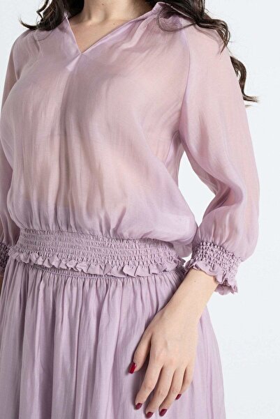 Nichii بلوزة شيفون نسائية بأكمام ثلاثة أرباع ومزينة بكشكشة