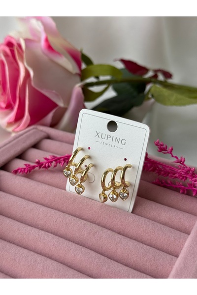 XUPING JEWELRY Xuping Zirkon Taşlı Minik Kalp Detaylı 14K Altın Kaplama 3lü Vip Küpe