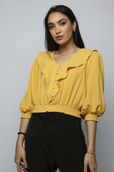 Nichii Classic Women's Blouse with Front Buttons and Layered Chest, 3/4 Sleeves