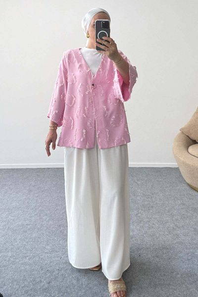 Hatun Atila Textured V-Neck Single Button Jacket 8877 - Pink