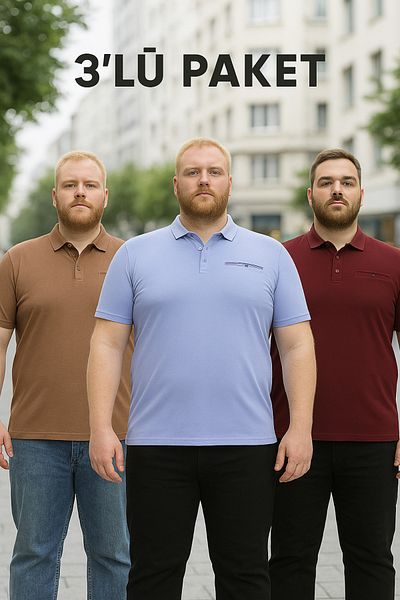 Maccali Ανδρικό μπλουζάκι 3 τεμαχίων Basic Plus Size με μακρύ γιακά πόλο