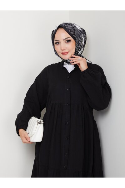 Hb Harma Time Butik Γυναικείο φόρεμα με κουμπιά με λεπτομέρεια μαύρο λινό