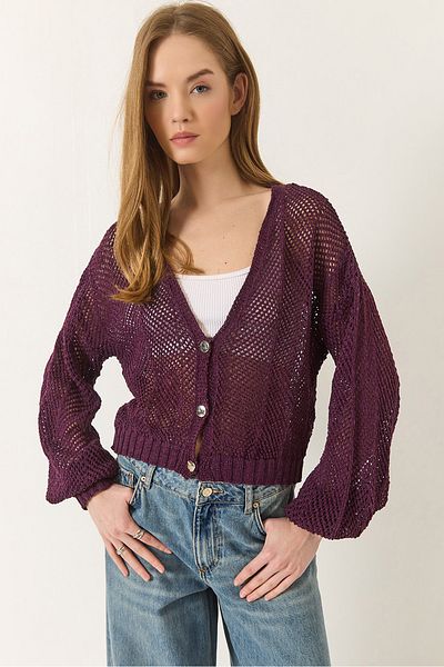 Bianco Lucci Women's Metal Buttoned Crop Openwork Cardigan