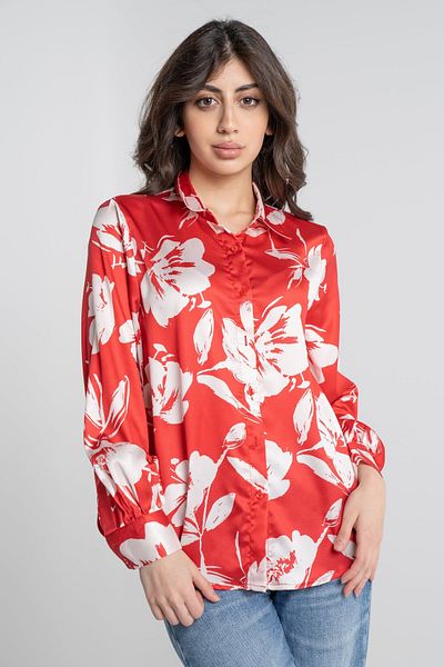 Nichii Women's Floral Print Button-Up Long Sleeve Shirt with Collar