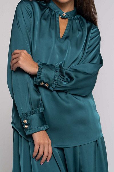 Nichii Solid V-Neck Long Sleeve Blouse with Button Cuffs