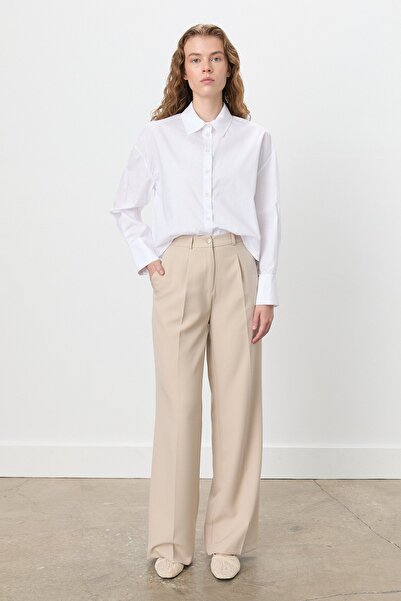 Nihan Tek Pile Yüksek Bel Palazzo Pantolon Bej