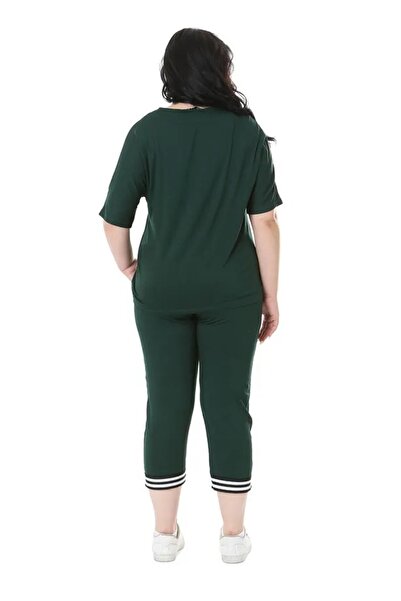 Hazinedan Women's Emerald V-Neck Stripe Detailed Short Sleeve Elastic Waist Capri Double Suit