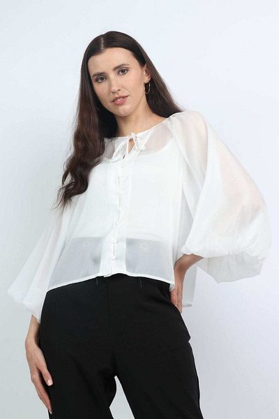 Nichii Women's Puff Sleeve Long-Sleeve Top with Round Neck