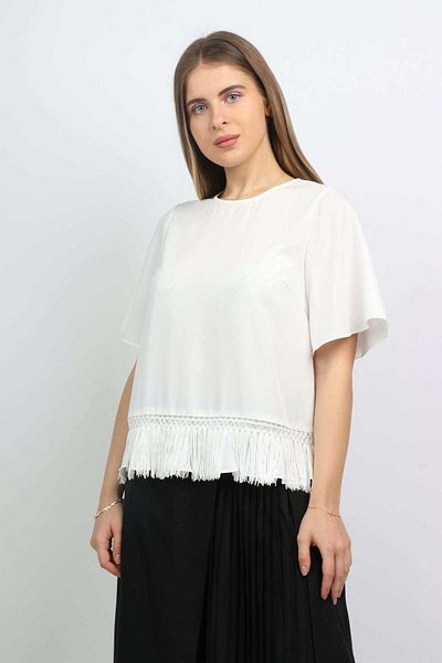 Nichii Women's Short-Sleeve Solid Blouse with Bottom Stitching