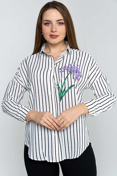 Nichii Women's Striped Shirt with Floral Design on Chest and Long Sleeves