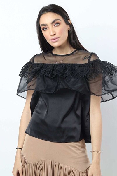 Nichii Women's Off-Shoulder Satin Evening Blouse with Lace and Chiffon