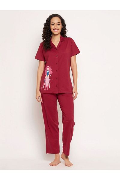 iza Leo Print Button Down Night suit Set in Maroon – 100% Cotton