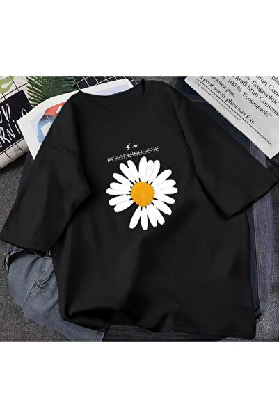 Harajuku Style Imprimeu cu flori de margarete negre pentru femei, mărime mare