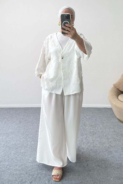 Hatun Atila Textured V-Neck Single Button Jacket 8877 - White