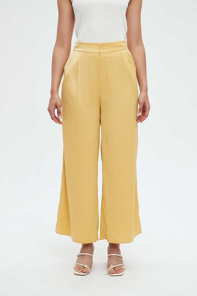 Nichii Women's Long Wide Pants with Ruffled Waist and Front Buttons