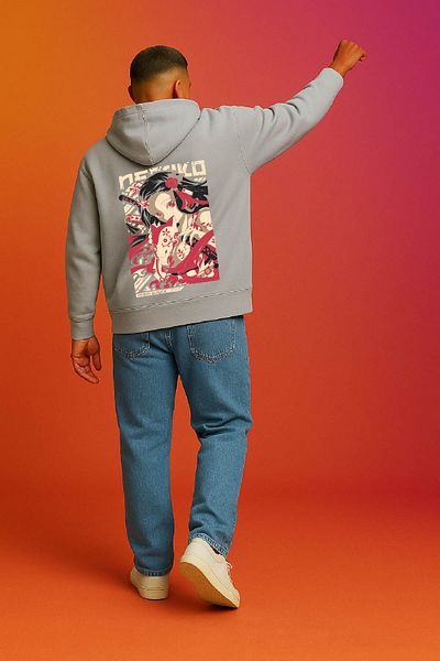 By Caspita Fashion Lenithra Demon Slayer Nezuko Kamado Anime Back Printed Unisex Oversize Gray Hoodie