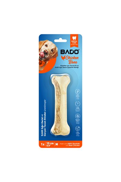 BAD0 Recompense caini, oase cu pui si piele naturala, M, 1 buc, 15 cm, igiena dentara