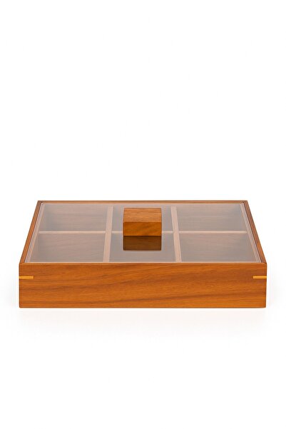 Fhilli Acacia Wood 6 Compartment Snack Bowl – Plexiglass Lid, Presentation and Storage Box with Handles 33,5cm