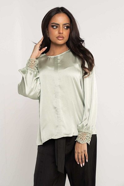 Nichii Solid Long Sleeve Blouse with Lace Cuffs
