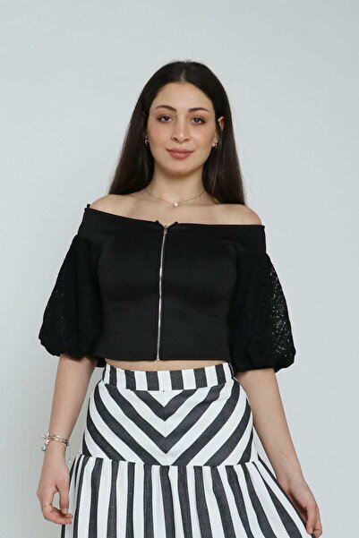 Nichii Women's Off-Shoulder Lace Blouse with Zipper, Short Sleeve