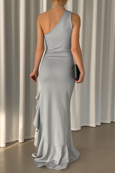 Deafox Gray One Shoulder Knot Detail Slit Long Scuba Fabric Evening Dress