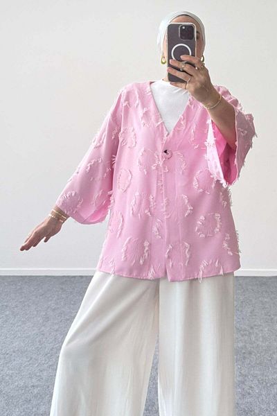 Hatun Atila Textured V-Neck Single Button Jacket 8877 - Pink