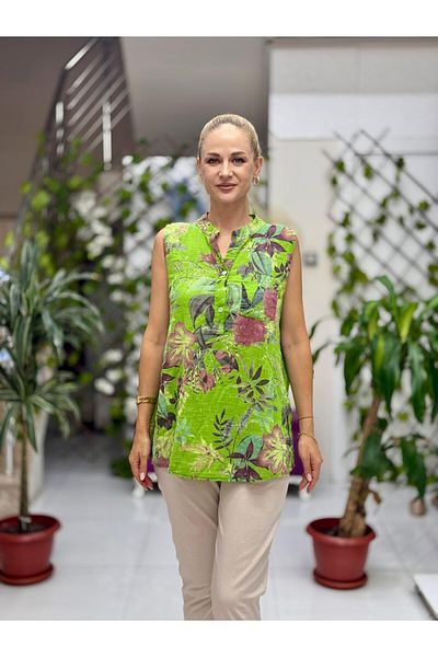Punta Otantik Ls8819C Sleeveless Cotton Italian Blouse with Pockets Green
