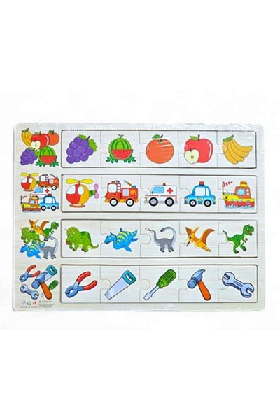 Star Master Plansa cu 4 categorii de puzzle de asociere din lemn – model fructe, vehicule, dinozauri, unelte